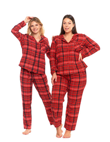 Długi rękaw - Piżama damska bawełniana w czerwoną kratę Plus Size CZERWONY - produkt 7