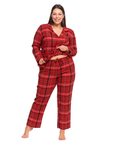 Długi rękaw - Piżama damska bawełniana w czerwoną kratę Plus Size CZERWONY - produkt 6