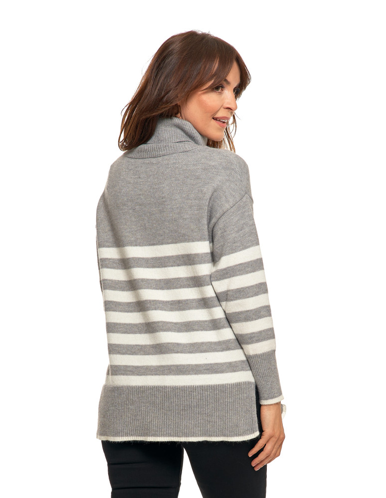 Swetry i kardigany - Sweter damski w paski z golfem o luźnym kroju SZARY - produkt moraj.pl 2