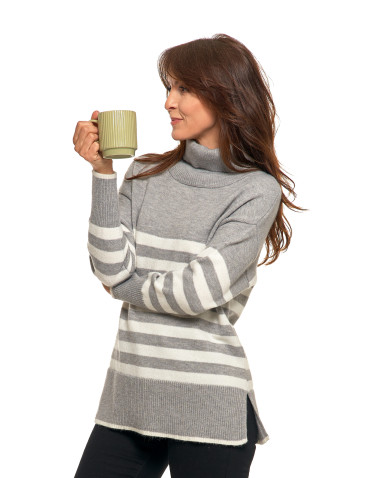 Swetry i kardigany - Sweter damski w paski z golfem o luźnym kroju SZARY - produkt 6