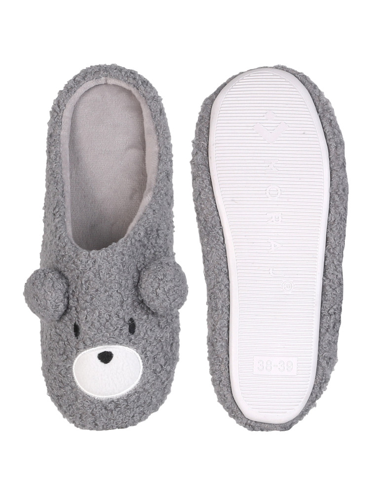 Kapcie i bambosze - Damskie ciepłe kapcie wsuwane domowe antypoślizgowe z misiem SZARY - produkt moraj.pl 1