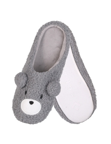 Kapcie i bambosze - Damskie ciepłe kapcie wsuwane domowe antypoślizgowe z misiem SZARY - produkt 2