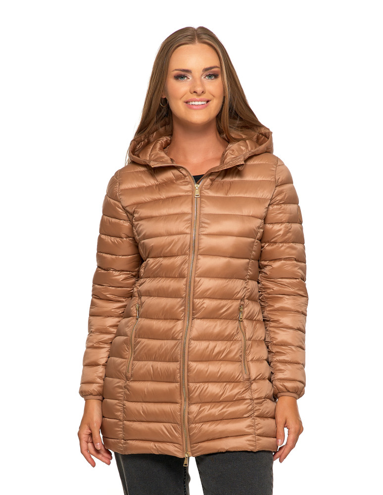 Kurtki i kamizelki - Kurtka damska puchowa przejściowa z kapturem BEŻOWY - produkt moraj.pl 1