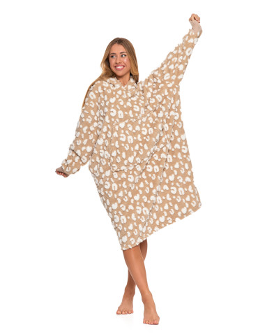 Kocobluzy - Długa kocobluza damska w cętki z kapturem BEŻOWY - produkt 3