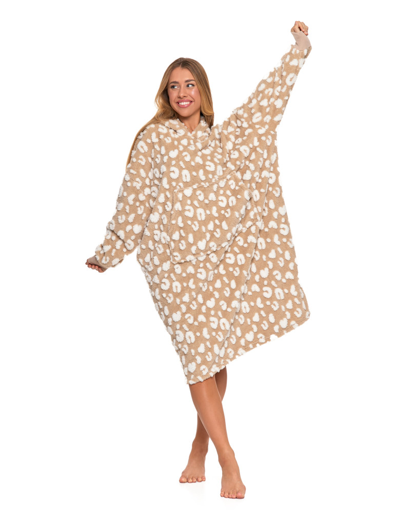 Kocobluzy - Długa kocobluza damska w cętki z kapturem BEŻOWY  - produkt moraj.pl 3