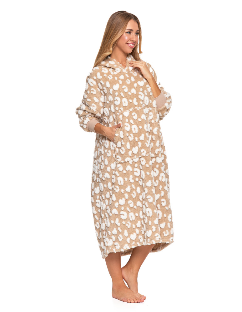 Kocobluzy - Długa kocobluza damska w cętki z kapturem BEŻOWY  - produkt moraj.pl 5