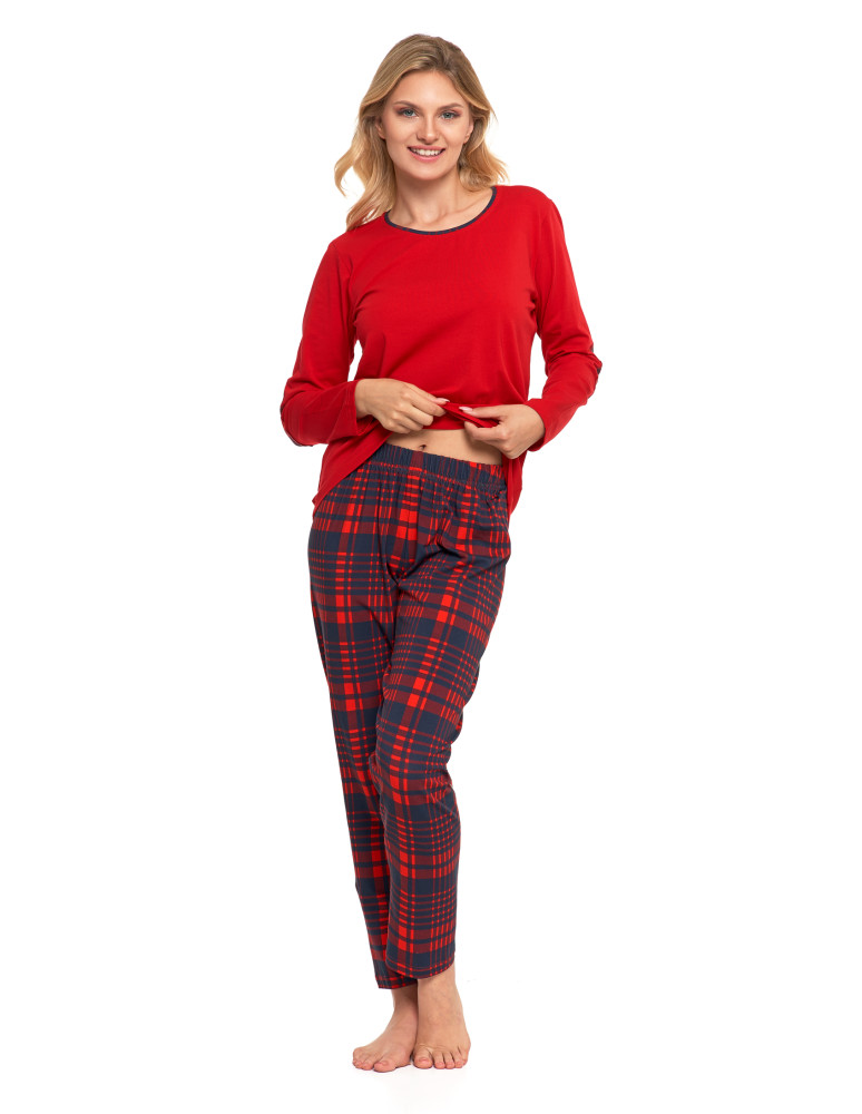Długi rękaw - Piżama damska dwuczęściowa na długi rękaw bawełniana w kratę CZERWONY - produkt moraj.pl 4