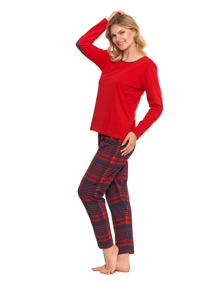 Długi rękaw - Piżama damska dwuczęściowa na długi rękaw bawełniana w kratę CZERWONY - produkt moraj.pl 5