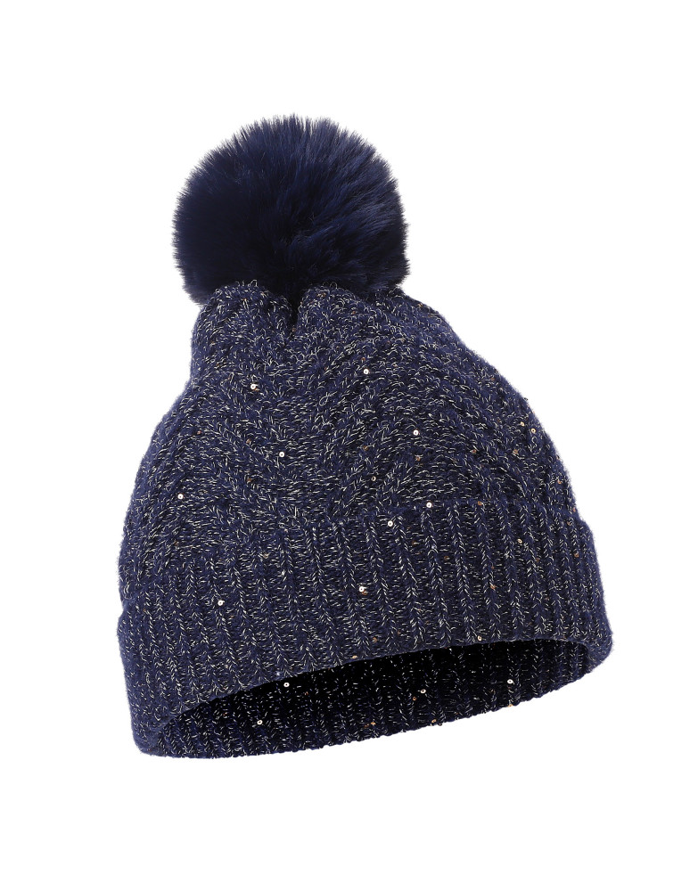 Czapki i opaski - Czapka zimowa damska z pomponem i błyszczącym akcentem GRANATOWY - produkt moraj.pl 1
