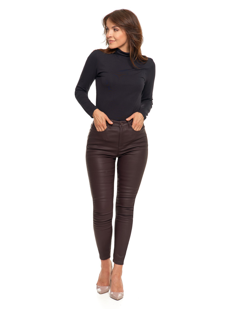 Spodnie damskie - Spodnie damskie skinny z wysokim stanem woskowane BRĄZOWY - produkt moraj.pl 1