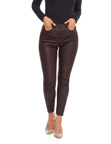 Spodnie damskie - Spodnie damskie skinny z wysokim stanem woskowane BRĄZOWY - produkt 3