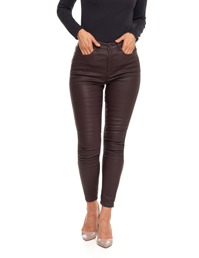 Spodnie damskie - Spodnie damskie skinny z wysokim stanem woskowane BRĄZOWY  - produkt moraj.pl 3
