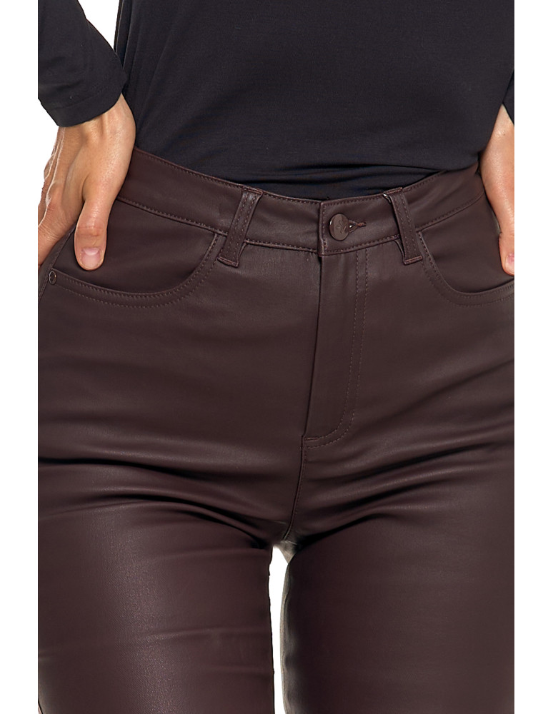 Spodnie damskie - Spodnie damskie skinny z wysokim stanem woskowane BRĄZOWY  - produkt moraj.pl 6