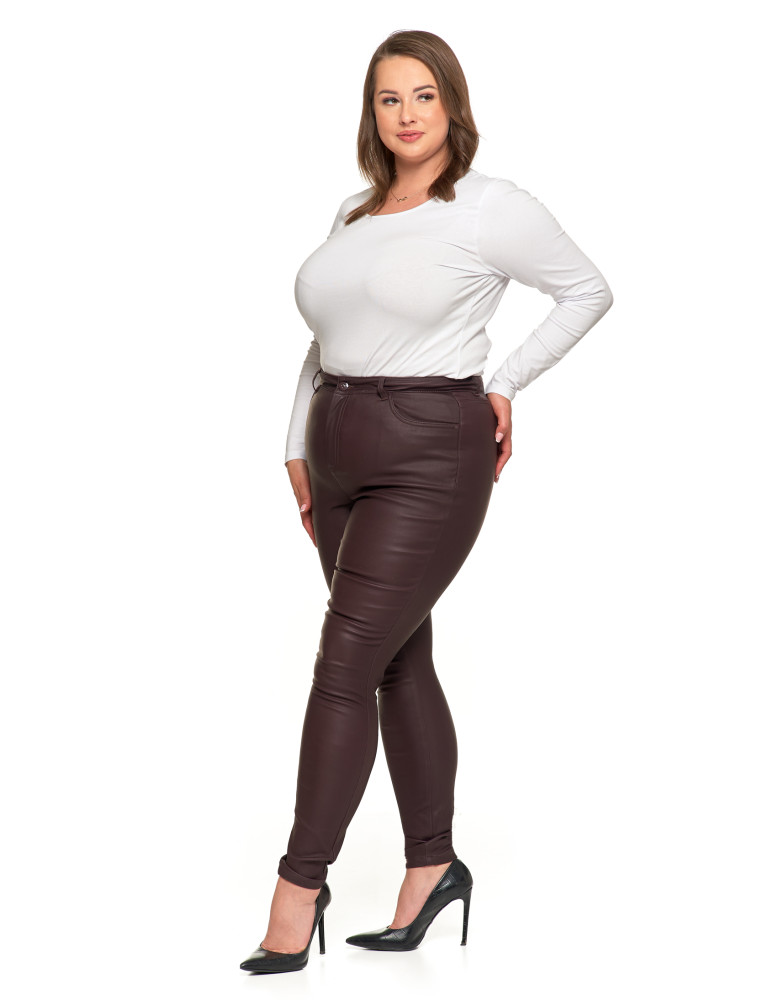 Spodnie damskie - Spodnie damskie skinny z wysokim stanem woskowane BRĄZOWY  - produkt moraj.pl 9