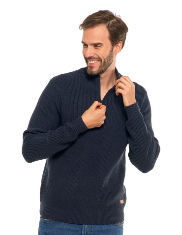 Swetry męskie - Sweter męski klasyczny zapinany ze stójką GRANATOWY - produkt 4