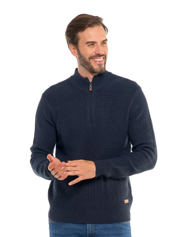 Swetry męskie - Sweter męski klasyczny zapinany ze stójką GRANATOWY - produkt 5