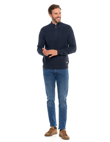 Swetry męskie - Sweter męski klasyczny zapinany ze stójką GRANATOWY - produkt 9