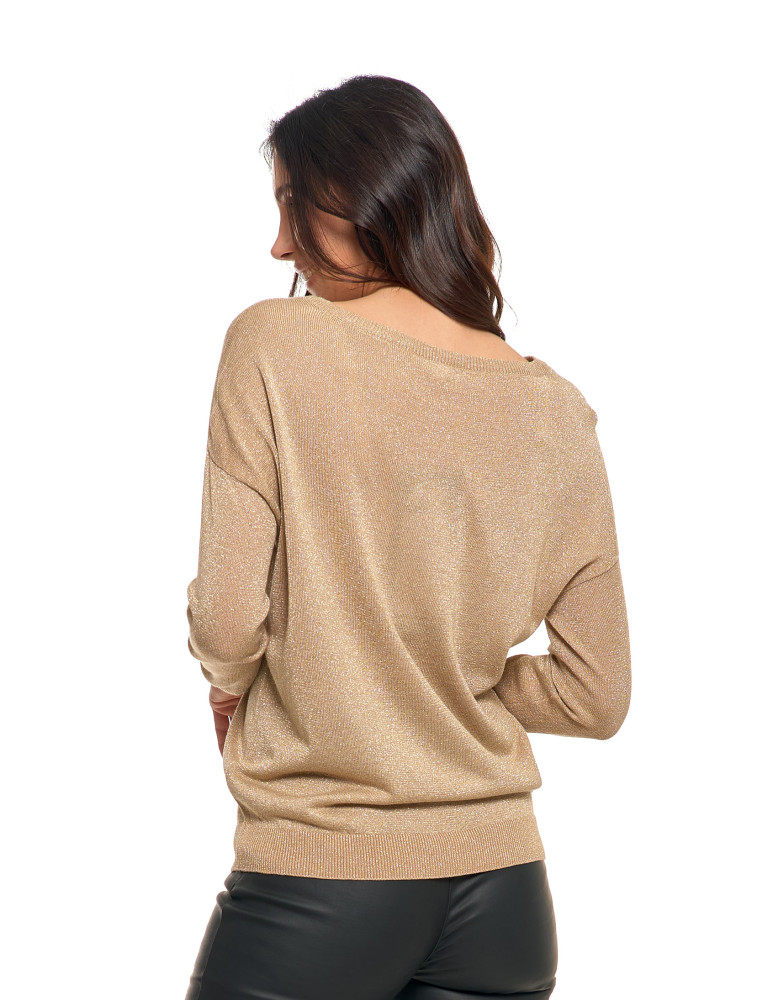 Swetry i kardigany - Damski sweter z metaliczną nitka i długim rękawem BEŻOWY  - produkt moraj.pl 2
