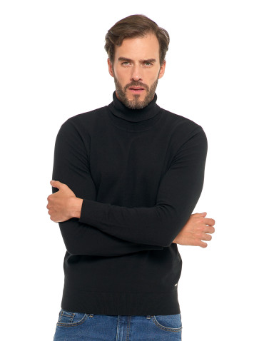 Swetry męskie - Męski sweter klasyczny z golfem bawełniany CZARNY - produkt 7