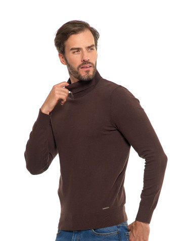 Swetry męskie - Męski sweter klasyczny z golfem bawełniany BRĄZOWY - produkt 5