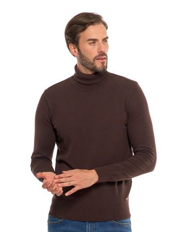 Swetry męskie - Męski sweter klasyczny z golfem bawełniany BRĄZOWY - produkt 6