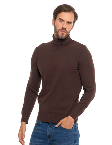 Swetry męskie - Męski sweter klasyczny z golfem bawełniany BRĄZOWY - produkt 7
