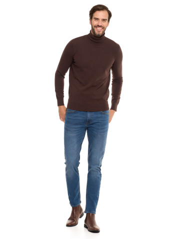 Swetry męskie - Męski sweter klasyczny z golfem bawełniany BRĄZOWY - produkt 12