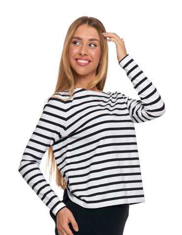 Bluzki i koszule - Bluzka damska bawełniana w paski z długim rękawem CZARNY - produkt 1