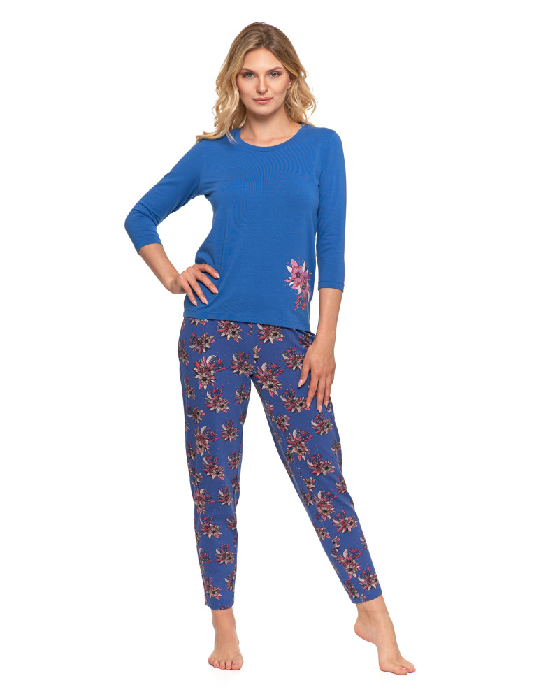 Długi rękaw - Piżama damska z rękawem 3/4 kwiatowy wzór Plus Size GRANATOWY - produkt moraj.pl 3