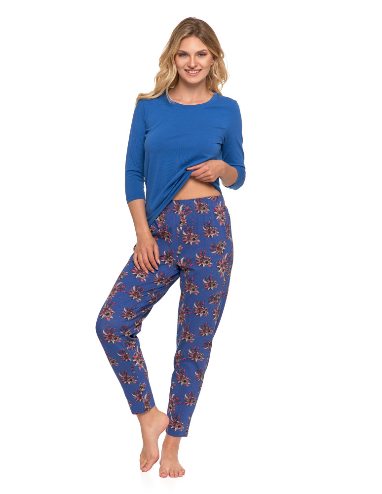 Długi rękaw - Piżama damska z rękawem 3/4 kwiatowy wzór Plus Size GRANATOWY - produkt moraj.pl 4