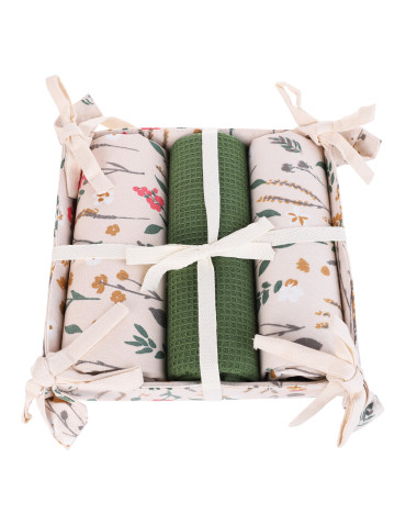 Zestaw 3 szt. ręczników kuchennych w koszyczku motyw kwiatów