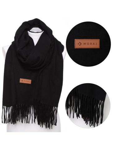 Czarny szal damski ciepły z frędzlami na jesień i zimę