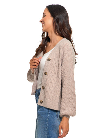 Swetry i kardigany - Kardigan damski sweter z plecionym wzorem i guzikami BEŻOWY - produkt 5