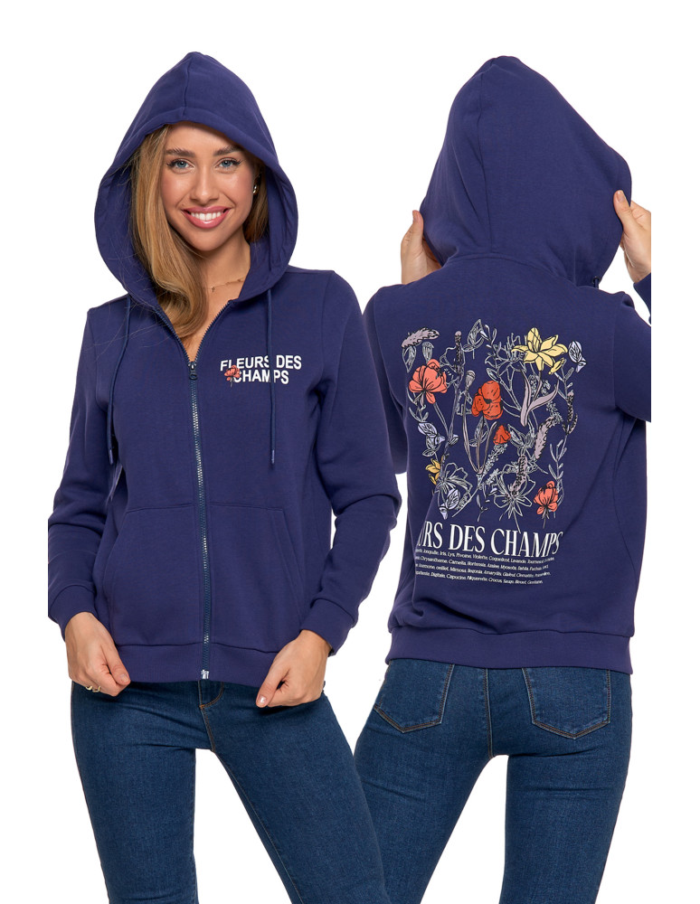 Bluzy damskie - Ocieplana bluza damska rozpinana bawełniana motyw kwiatów GRANATOWY - produkt moraj.pl 1