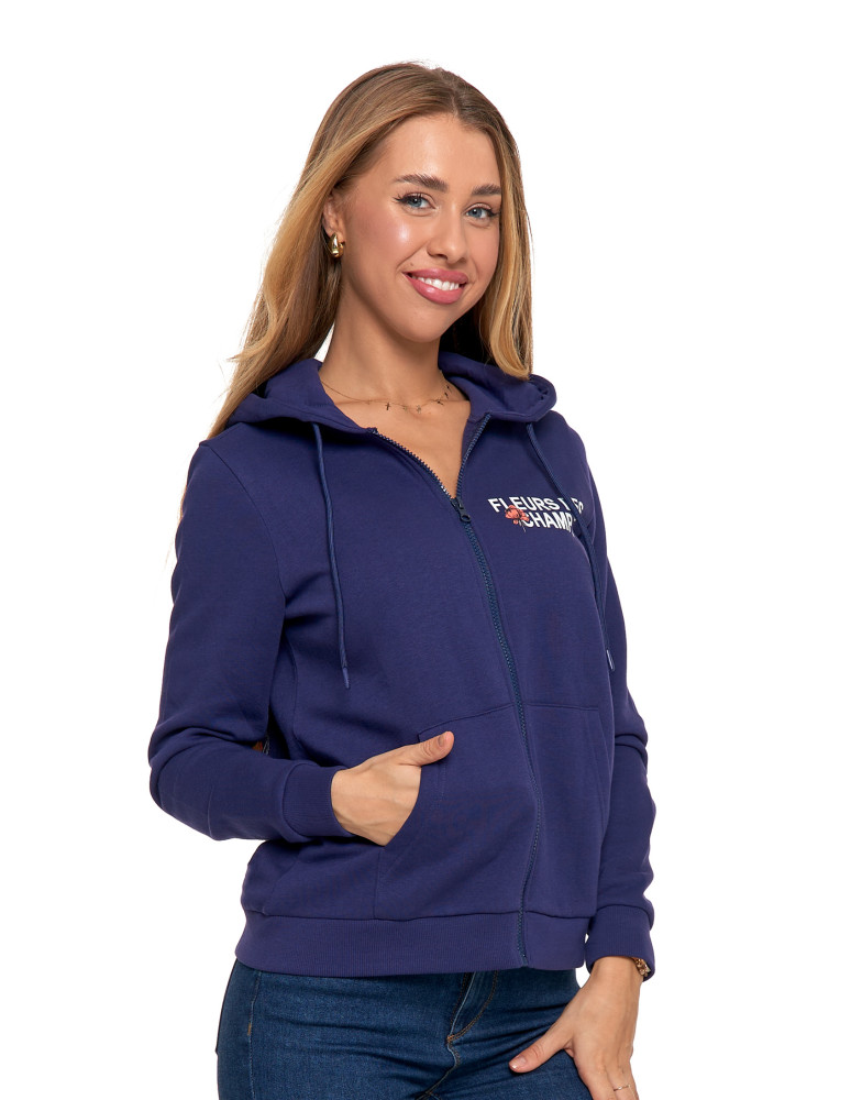 Bluzy damskie - Ocieplana bluza damska rozpinana bawełniana motyw kwiatów GRANATOWY  - produkt moraj.pl 2