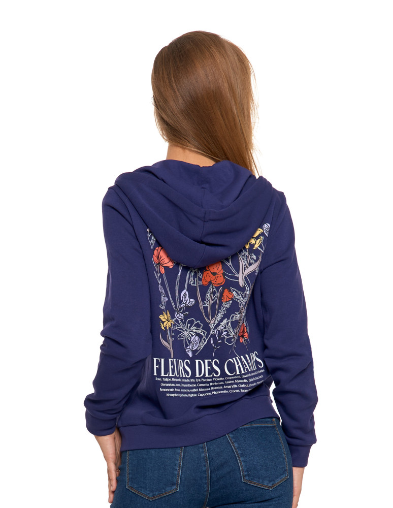 Bluzy damskie - Ocieplana bluza damska rozpinana bawełniana motyw kwiatów GRANATOWY  - produkt moraj.pl 3