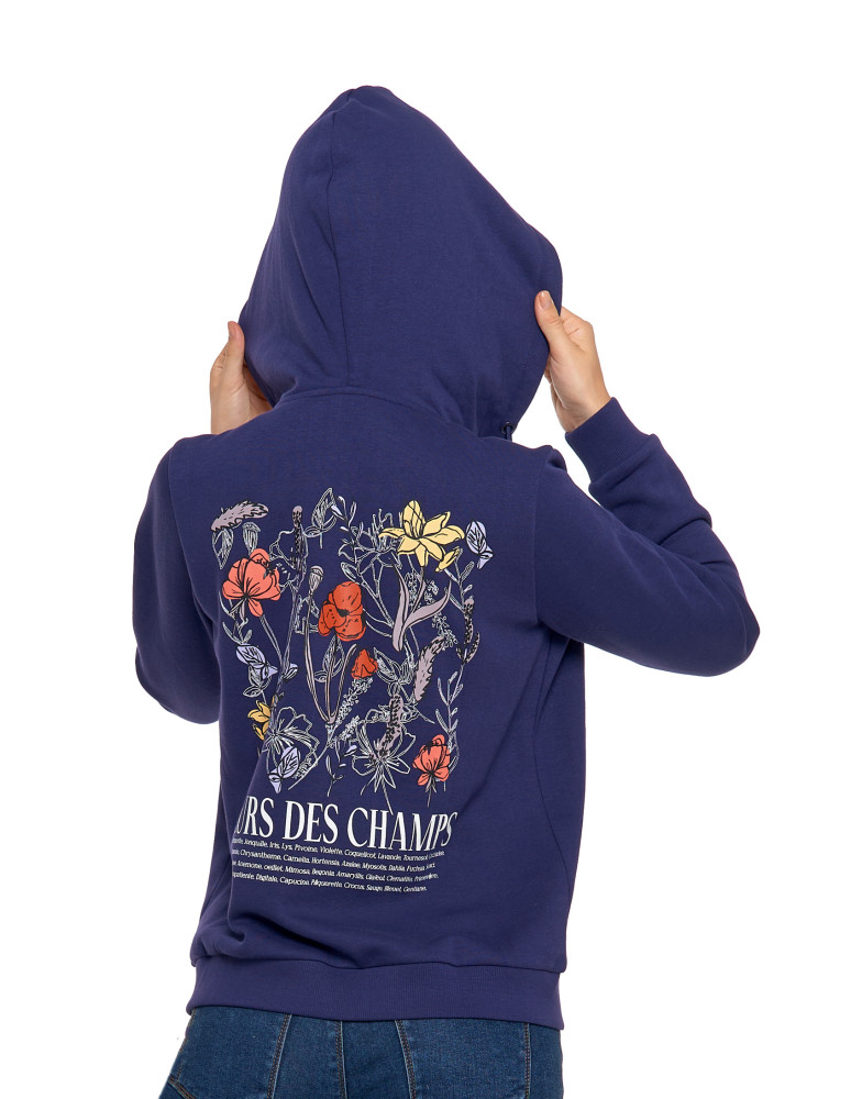 Bluzy damskie - Ocieplana bluza damska rozpinana bawełniana motyw kwiatów GRANATOWY  - produkt moraj.pl 5