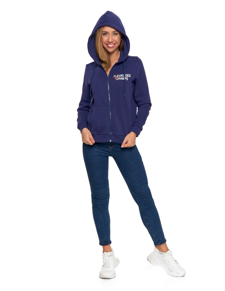 Bluzy damskie - Ocieplana bluza damska rozpinana bawełniana motyw kwiatów GRANATOWY  - produkt moraj.pl 9