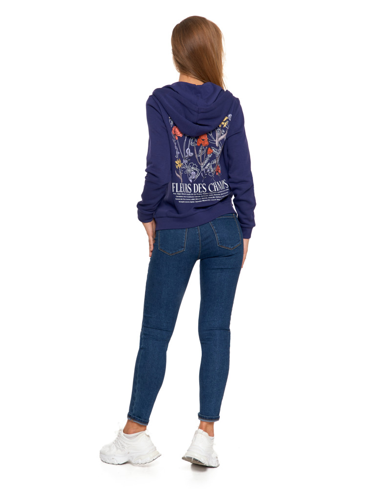 Bluzy damskie - Ocieplana bluza damska rozpinana bawełniana motyw kwiatów GRANATOWY  - produkt moraj.pl 11