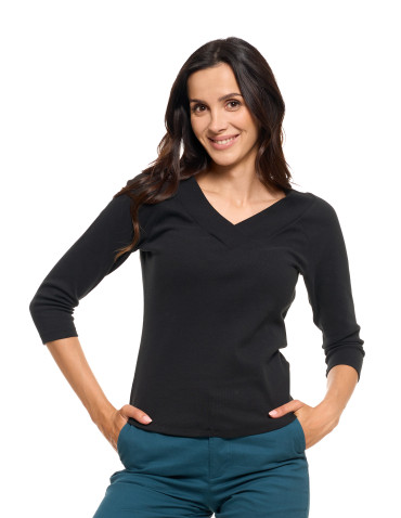 Bluzki i koszule - Damska bluzka prążkowana z dekoltem V bawełniana CZARNY - produkt 1