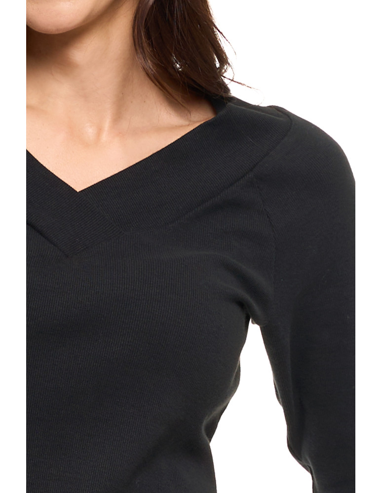 Bluzki i koszule - Damska bluzka prążkowana z dekoltem V bawełniana CZARNY  - produkt moraj.pl 3