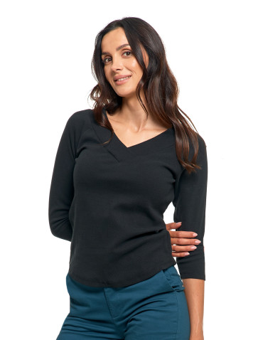 Bluzki i koszule - Damska bluzka prążkowana z dekoltem V bawełniana CZARNY - produkt 4