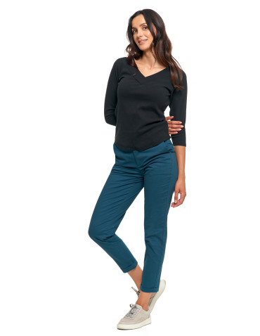 Bluzki i koszule - Damska bluzka prążkowana z dekoltem V bawełniana CZARNY - produkt 5