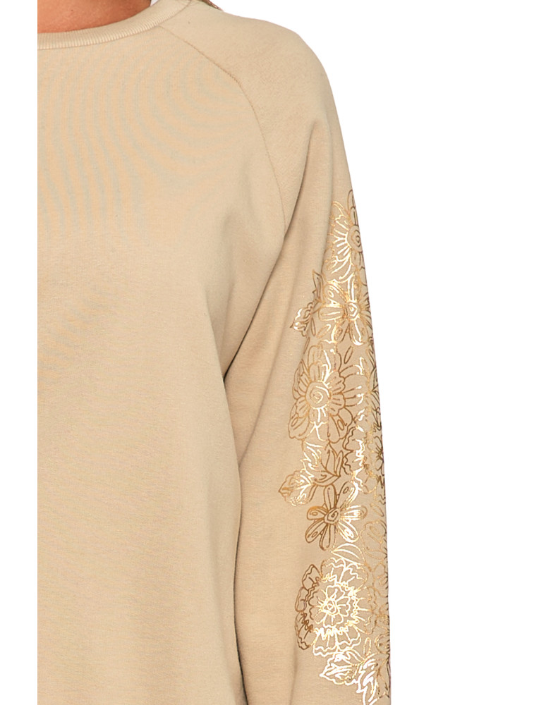 Bluzy damskie - Bluza damska ocpielana ze złotym kwiatowym nadrukiem BEŻOWY - produkt moraj.pl 3