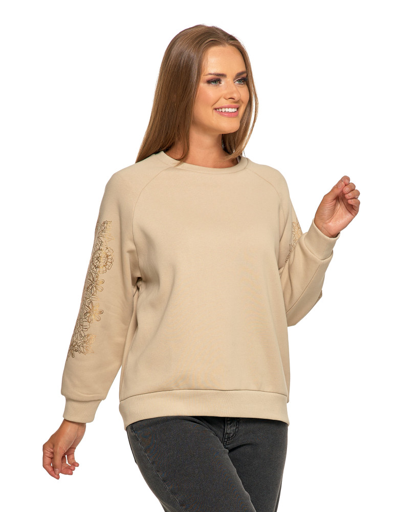 Bluzy damskie - Bluza damska ocpielana ze złotym kwiatowym nadrukiem BEŻOWY - produkt moraj.pl 4