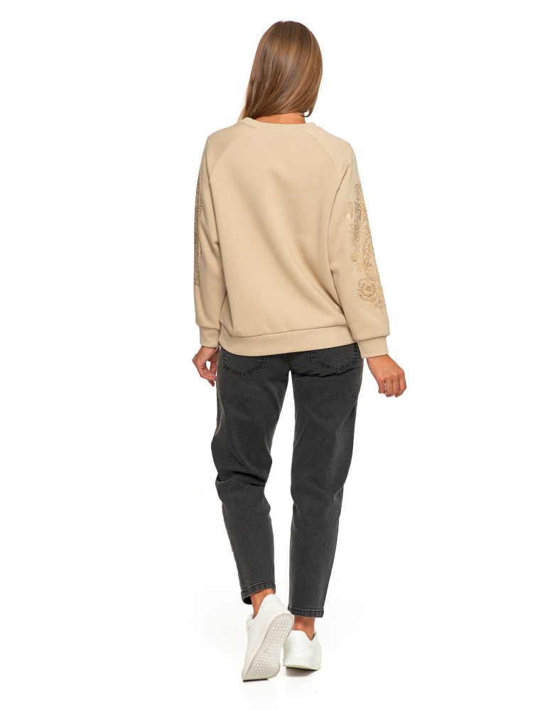 Bluzy damskie - Bluza damska ocpielana ze złotym kwiatowym nadrukiem BEŻOWY - produkt moraj.pl 6