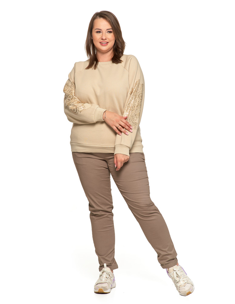 Bluzy damskie - Bluza damska ocpielana ze złotym kwiatowym nadrukiem BEŻOWY - produkt moraj.pl 12