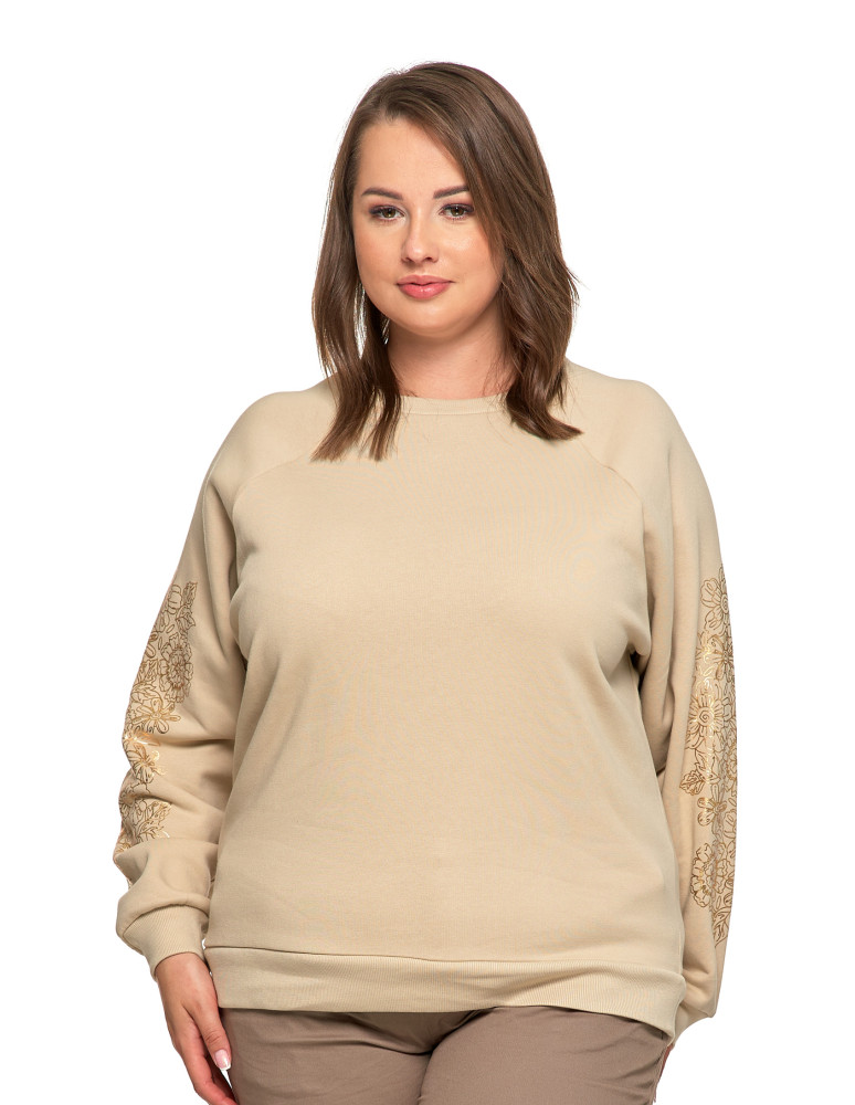 Bluzy damskie - Bluza damska ocpielana ze złotym kwiatowym nadrukiem BEŻOWY - produkt moraj.pl 10
