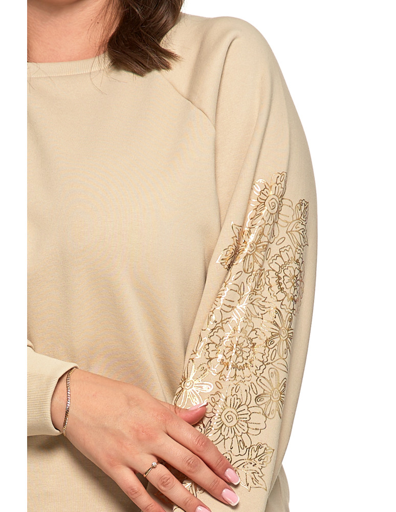Bluzy damskie - Bluza damska ocpielana ze złotym kwiatowym nadrukiem BEŻOWY - produkt moraj.pl 11