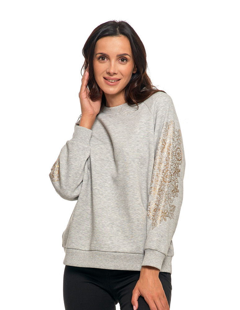 Bluzy damskie - Bluza damska ocpielana ze złotym kwiatowym nadrukiem JASNY SZARY - produkt moraj.pl 1